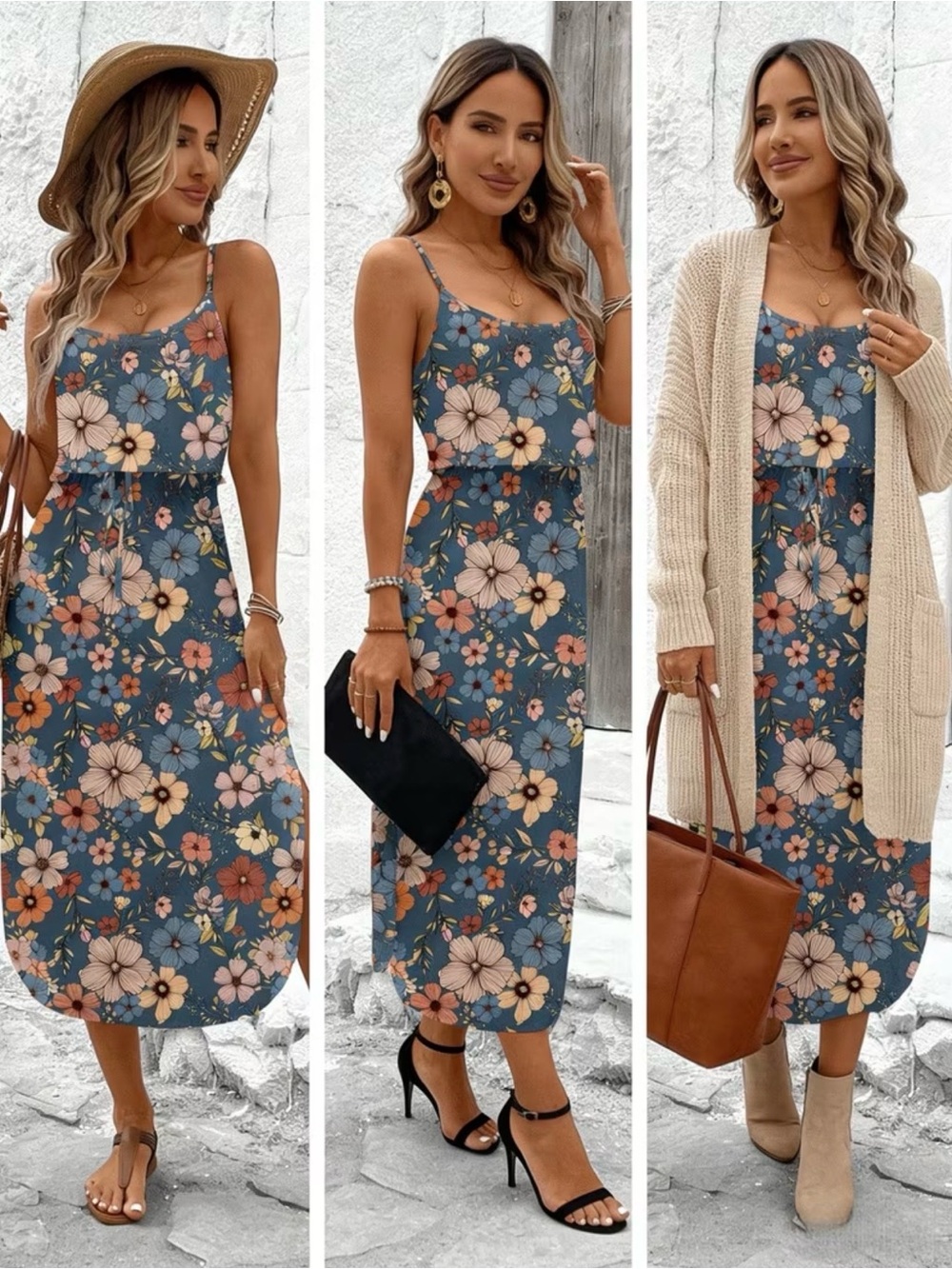 Blue Floral Spaghetti-Strap Summer Midi Dress New Boutique - Picture 4 of 6